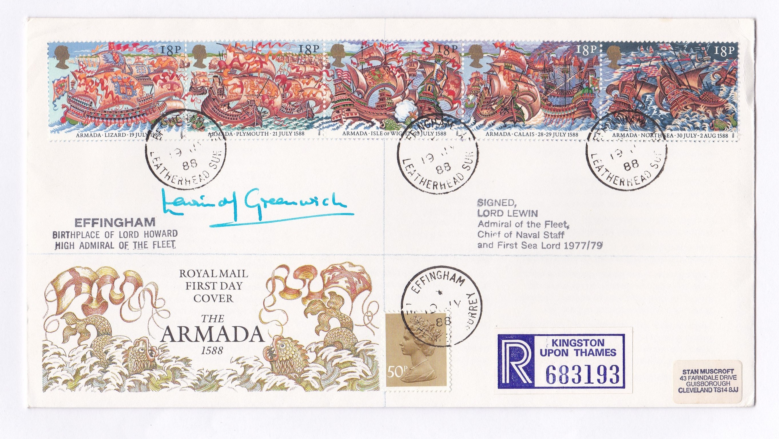 Great Britain - 1988 (19 Jul) Armada FDC with Effingham C.D.s birthplace of Lord Howard. High