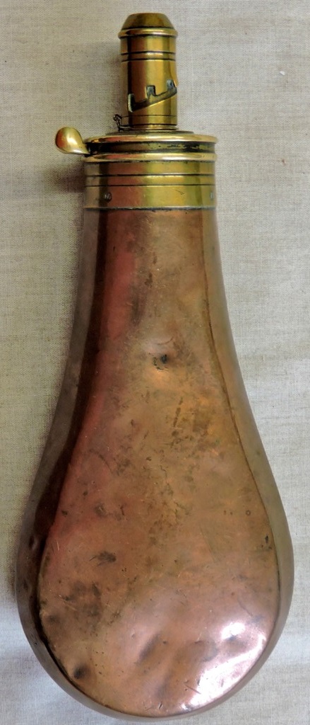 Copper and Brass Powder Flask, made by SYKES. In untouched condition with its spring still