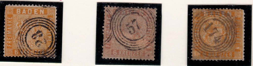 German States Baden selection used, 1860k stamps with good numeral cancels, 2 x sag 17 & 1 x sg 18