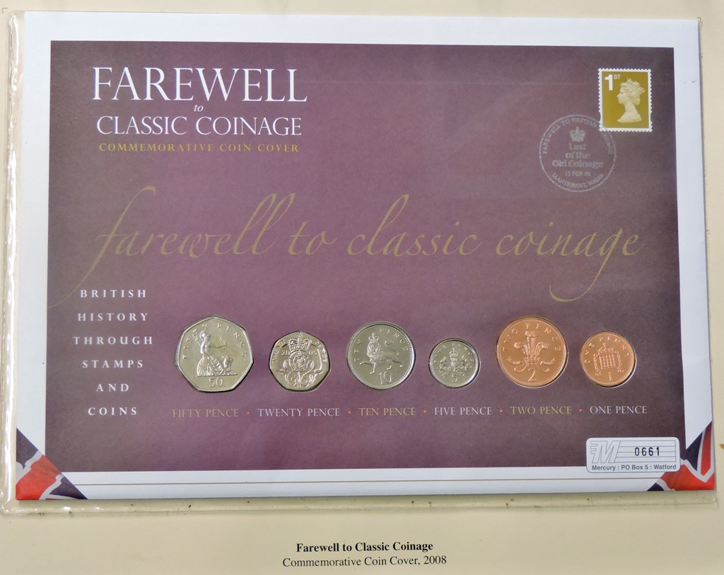 2008 Great Britain-Farewell and classic courage, mercury cover with 50pence to £1 pence coins,