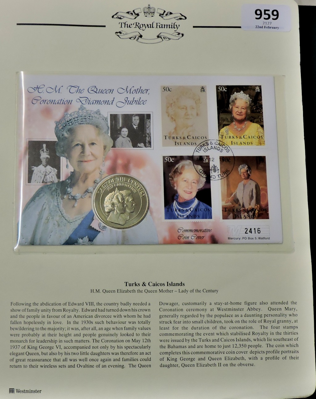 1995-Queen Mother Coronation Diamond Jubilee Turks+Caicos,5 crowns coin and stamp set,FDC