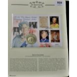 1995-Queen Mother Coronation Diamond Jubilee Turks+Caicos,5 crowns coin and stamp set,FDC