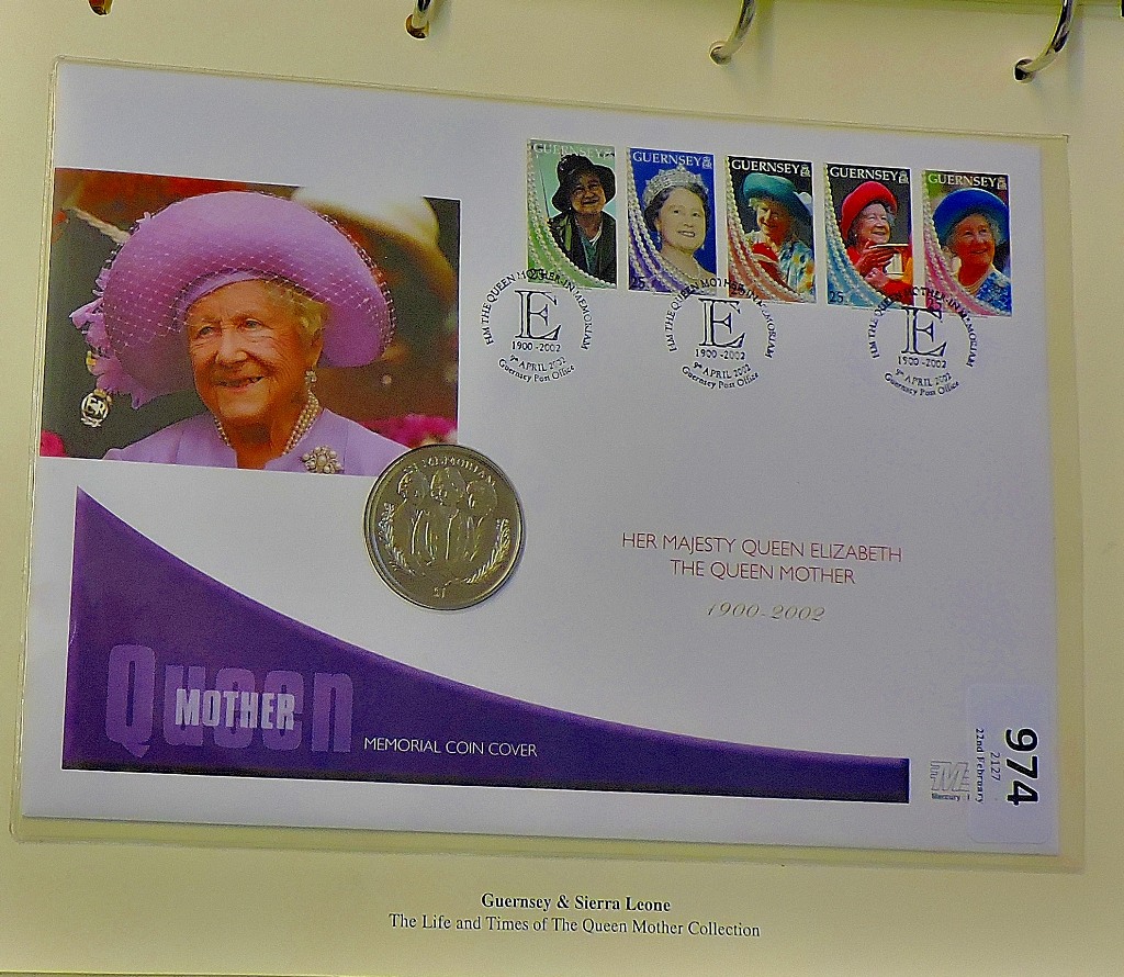 2002-Queen Mother Memorial, Guernsey stamp FDC and Sierra leone dollar coin