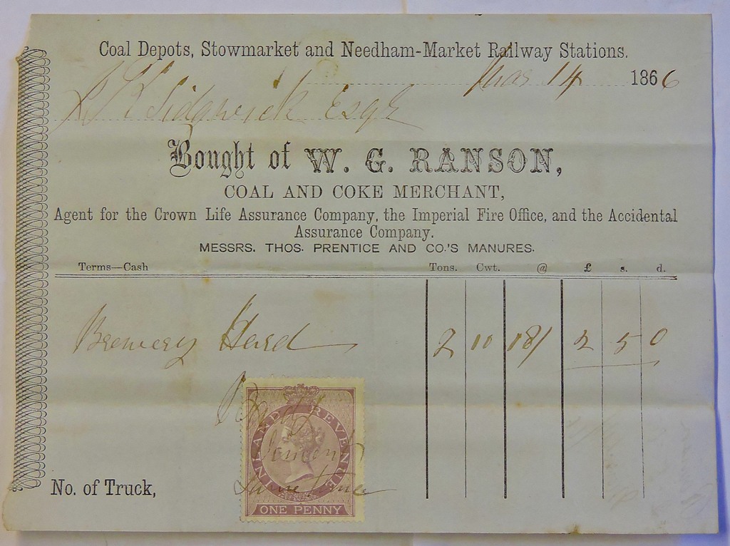 Stowmarket Suffolk 1866 W G Merchant engraved heading Coal & Coke Merchant