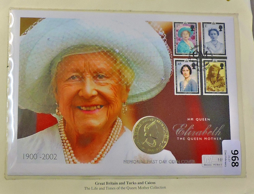 2002-Queen Mother Memorial Great Britain stamp and coin FDC, and Turks 5 crowns coin