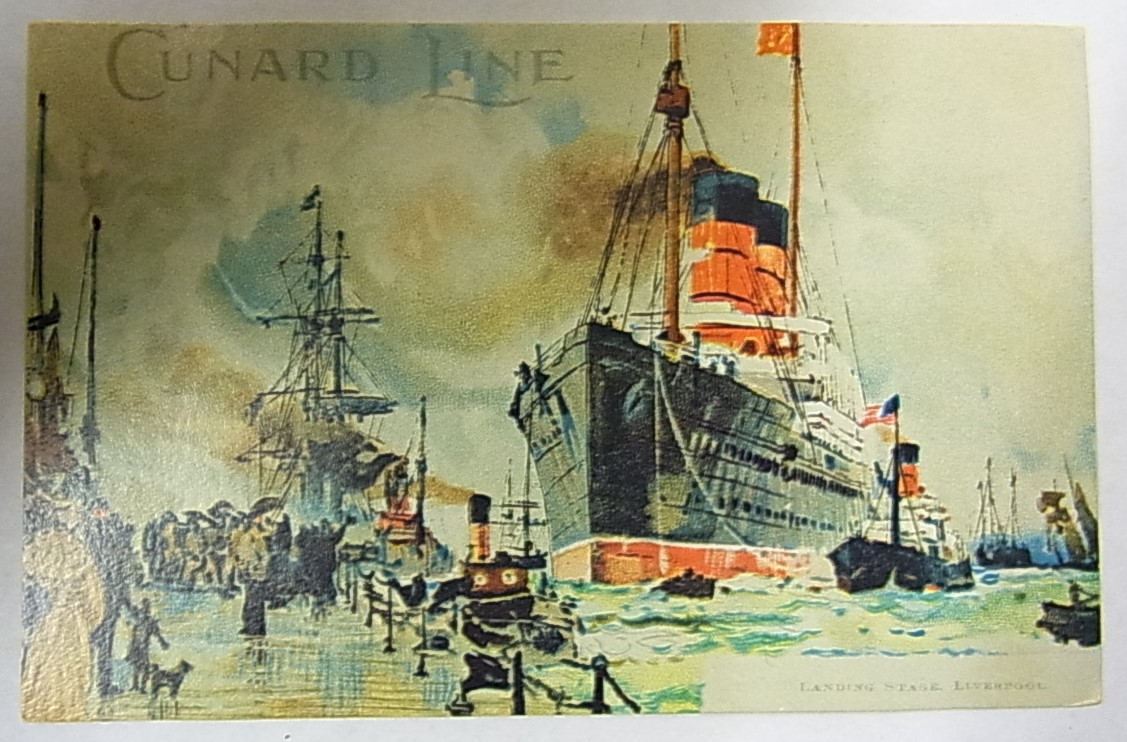 Shipping-Cunard Line, Artist colour card - a major liner at Liverpool Landing Stage