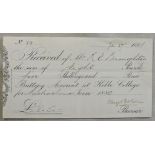 1881 Keble College receipt for Buttery Account for Michaelmas Term 1880