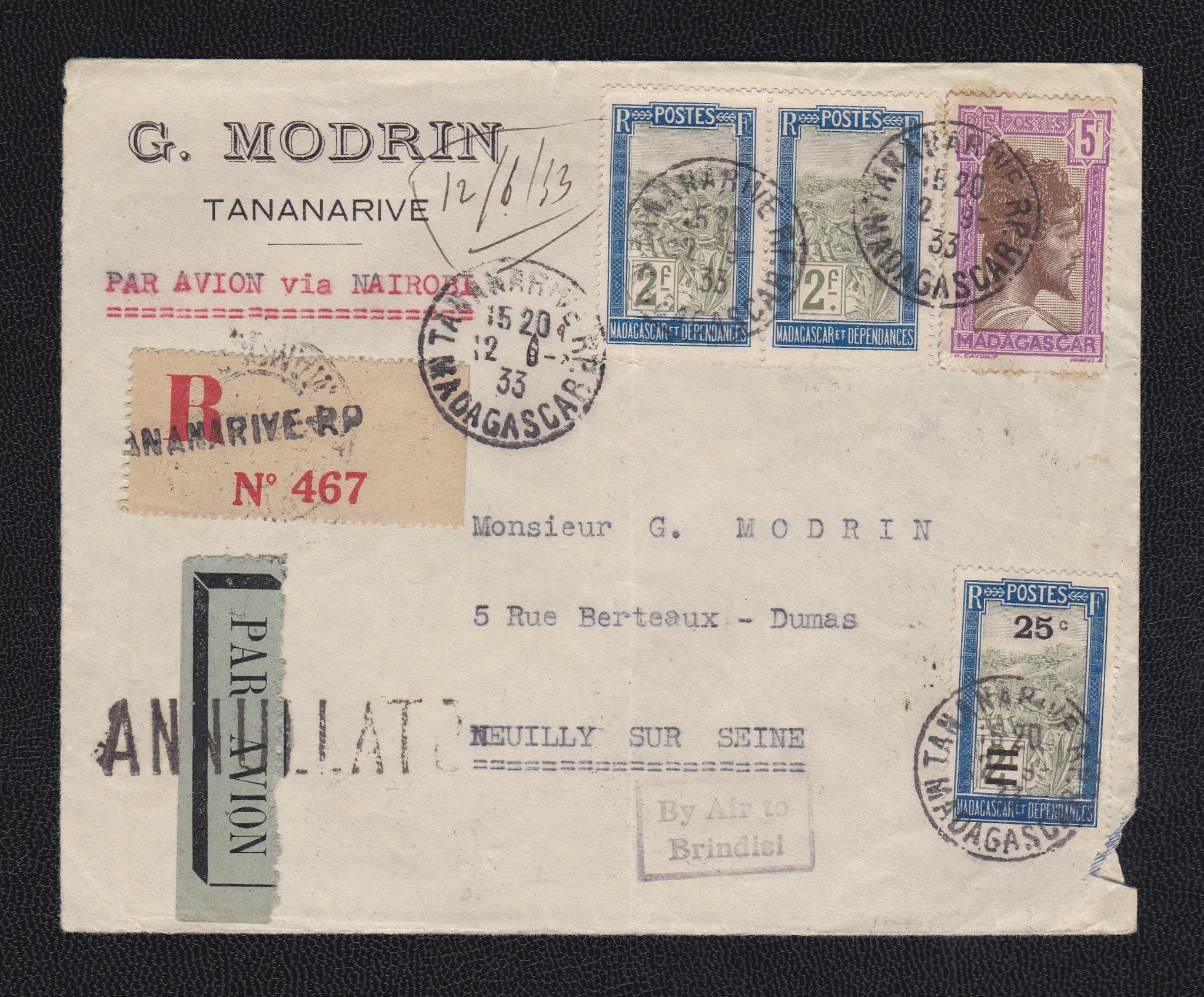 French Colonies Madagascar 1933 Commercial env airmail registered Cananarive to France, Par Avion