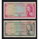 Malta - 1963 and 1968 (2); 1963 Ten Shillings Ref P25, Grade Fine; 1968 Ten Shillings Ref P28, Grade