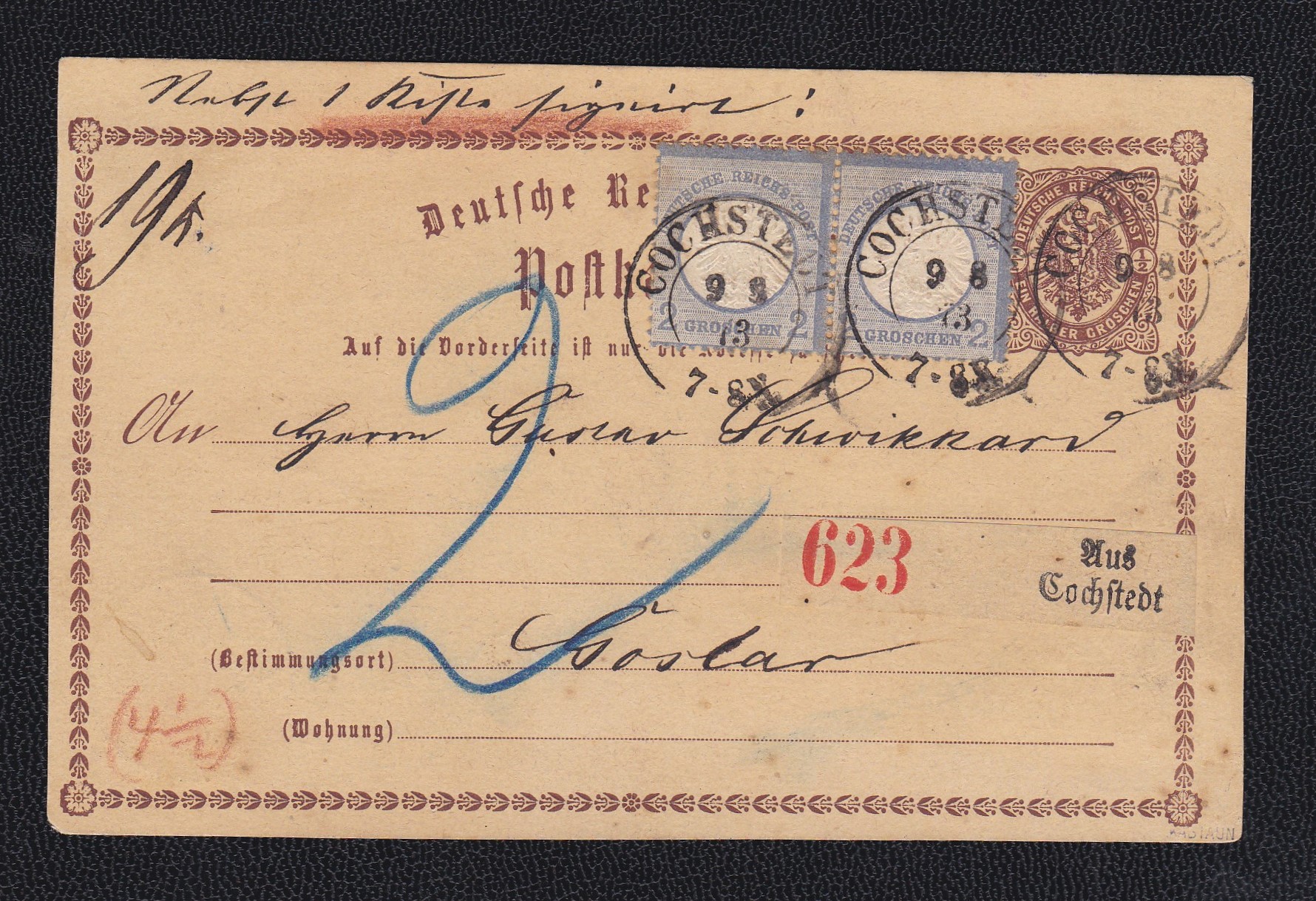 Germany 1873 Half Grochen stationary postcard used Cochstedt to Goslar with uprated 2 Grochen (2)