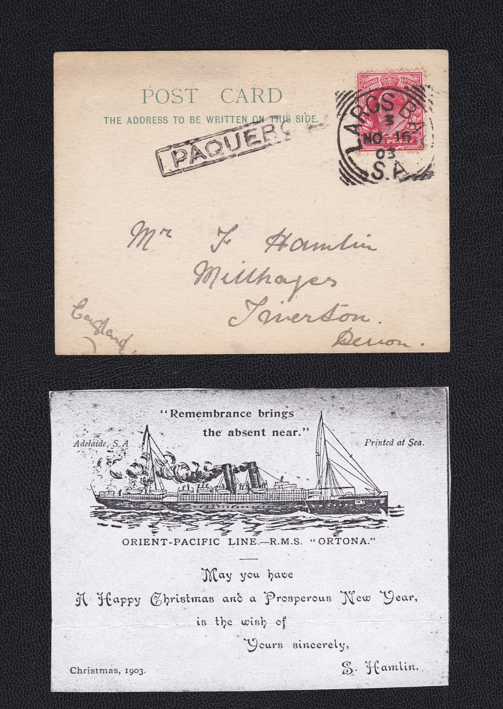 Great Britain/Shipping/Paquebot 1903 Orient-Pacific Line RMS Ortona Christmas Card used with Large