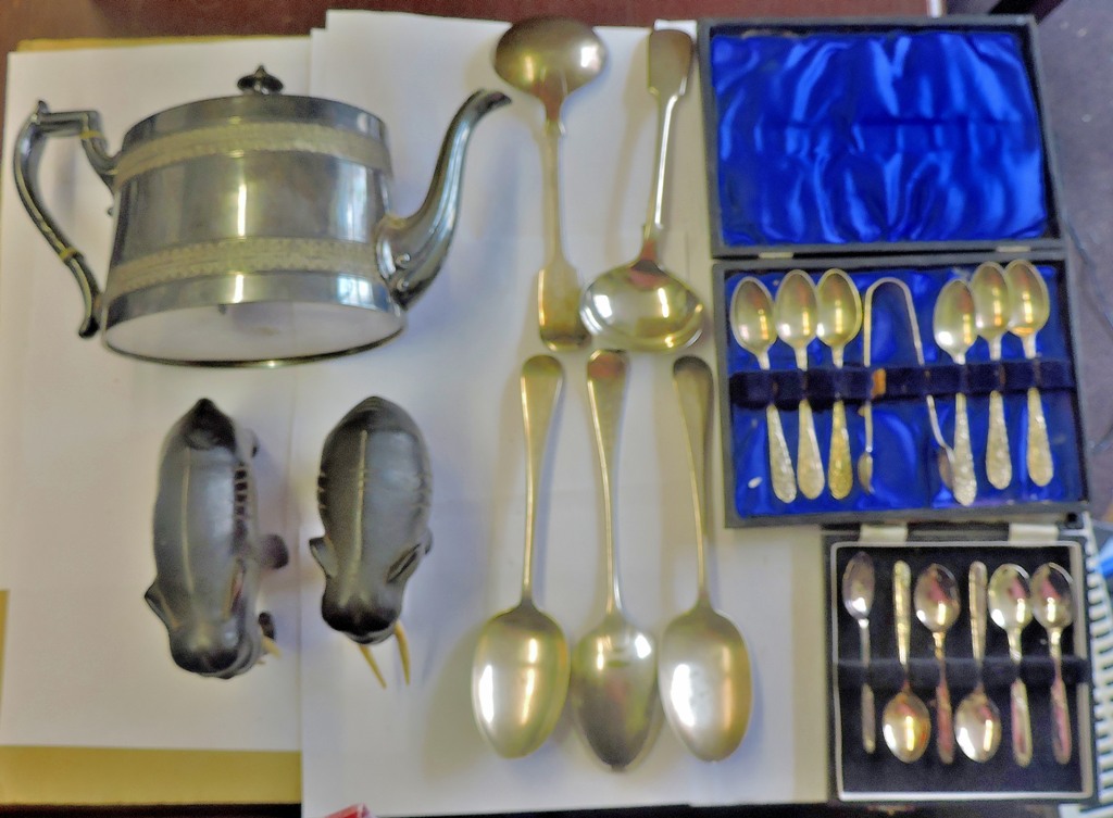 Mixed Cartons-to include plate silver, pair of vintage elephant figures,(wooden/Ivory).Spoons-Tea - Image 3 of 3