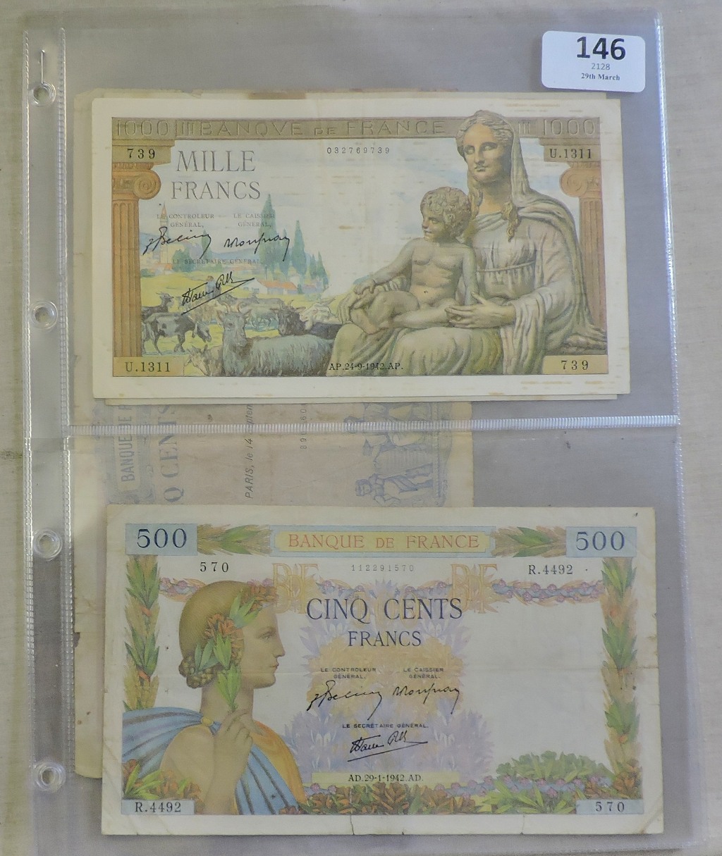 France 1942 1000 Francs, VF, also 1942 500 Fr, 1939 5Fr all VG (4)