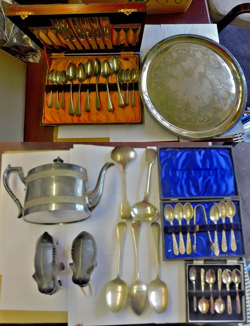 Mixed Cartons-to include plate silver, pair of vintage elephant figures,(wooden/Ivory).Spoons-Tea