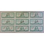 Cuba 1964 - 1991 5 Pesos, set of nine, 'Specimen' UNC. P95s - 1035, Cat $450