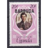 Barbuda (Error) Charles & Diana Wedding Major Error Overprinted on Uganda. (M.N.H.)