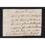 1760 Receipt "March 26th 1760 Recd of the Rev. Perfelt by the Hand of Mr. Vawin the sum of two