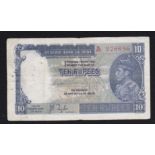 India - 1937 (N/D) Ten Rupees, P19a, Grade AVF