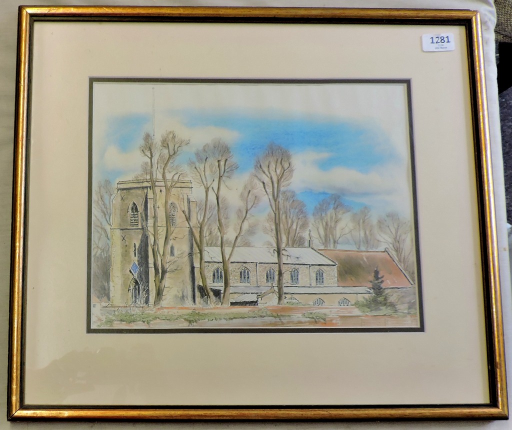 Framed Water Colour-of a church, artist unknown, inked detailed, very attractive