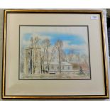 Framed Water Colour-of a church, artist unknown, inked detailed, very attractive