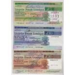 Travellers Cheques 1974 Cloyd Bank Limited £5, £10 and £20. SignedPiper, EX (3)