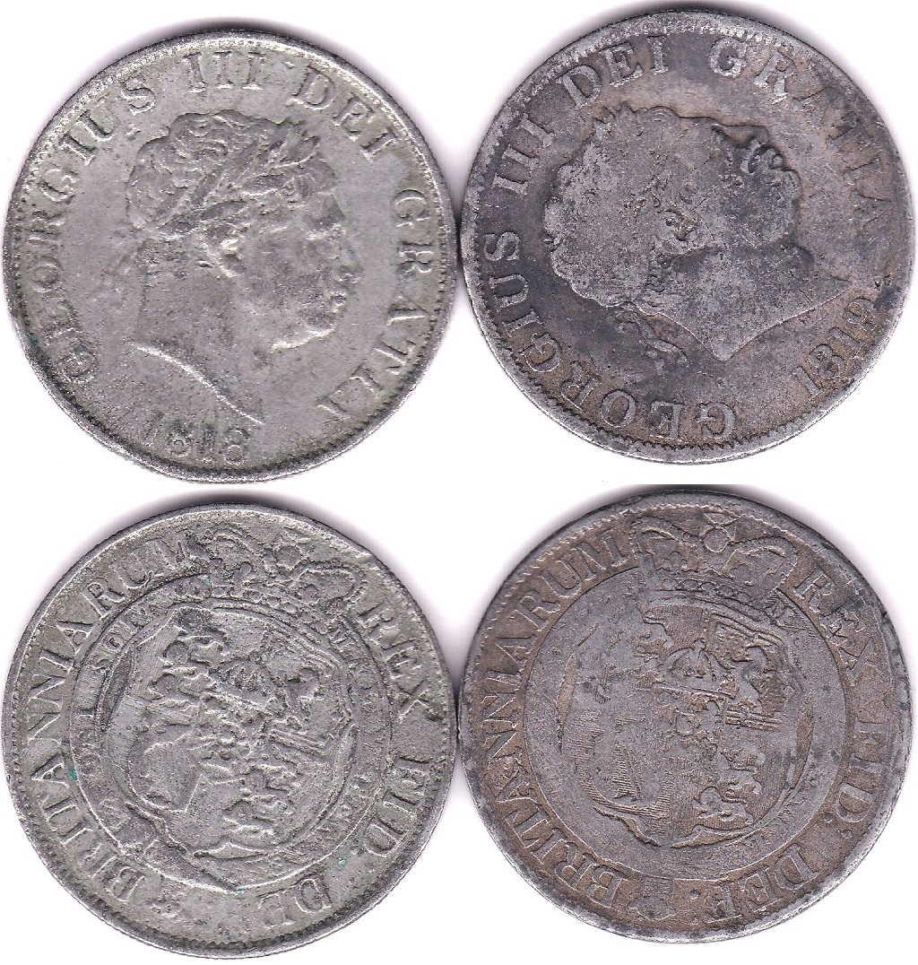 Great Britain 1818 and 1819 George III Halfcrowns, contemporary circulated forgeries (2)