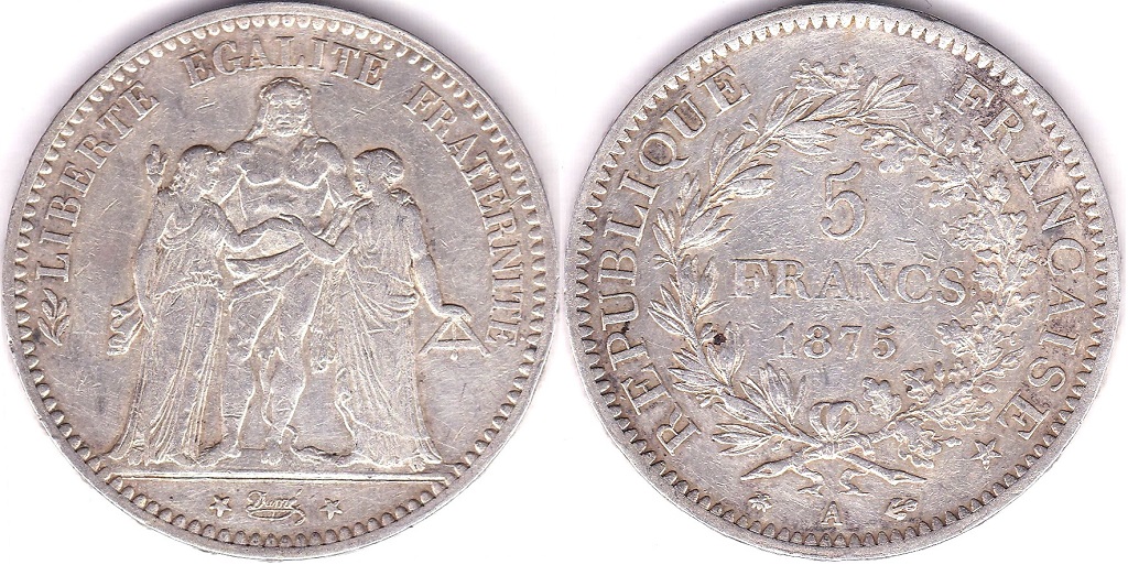 France 1875A 5 Frances, AEF, KM