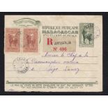 French Colonies 1932 50 cents stationery envelope Registered Ambanja to Diego Suarez - uprated
