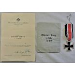 German WWII Pattern Iron Cross 2nd Class with original pouch of issue and award certificate to