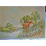 lbert Harselgrane (1857-1939)-'Old Mill on the Ouse', water colour on board 21.1/2" x 15.1/4" a fine