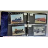 Railway Postcards-In album of steam trains,coloured, in very good condition, modern