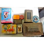 Vintage Tins - one box including Colman's with glass window, all well used.