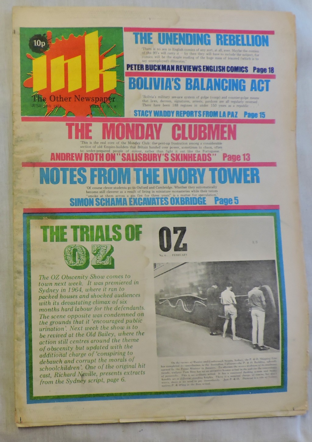 'Ink - The Other Newspaper'-Issue 8, June 19th 1971, small amount of water damage - in fair,