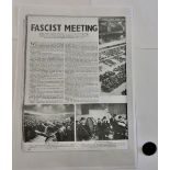 British Union of Fascists members lapel badge with some copied paperwork of a Union meeting.