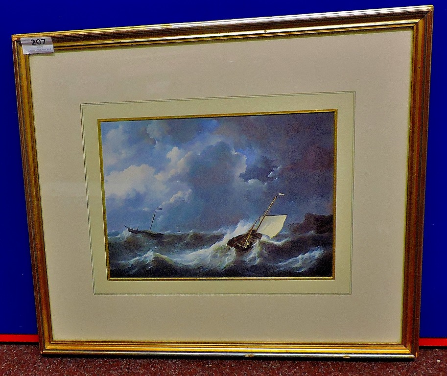 Painting - Watercolour, boats in storm close to rocks, gilt frame. Captures the storm. Dims 17½" x