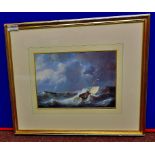 Painting - Watercolour, boats in storm close to rocks, gilt frame. Captures the storm. Dims 17½" x