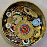 A tin full of label badges, cuff-links etc. British Legion 'Honorary' badge and Women's branch, R.