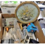 Mixed lot - carton with paper models, Victory Jigsaw puzzle, instruments, Star-Wars cards, brass