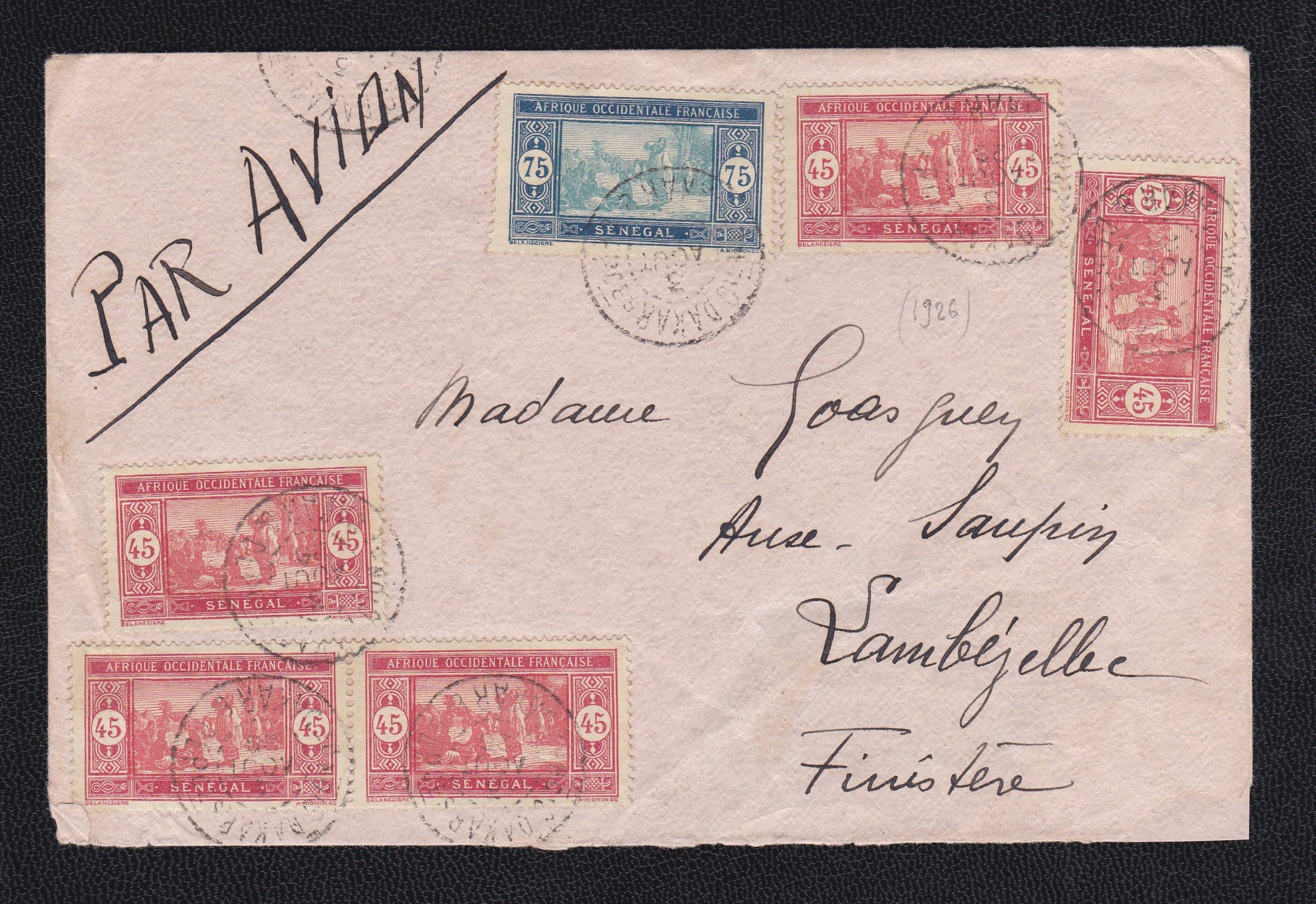 French Colonies 1926 env airmail Dakar to Finistere - an attractive cover.