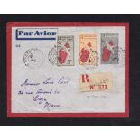 French Colonies Madagascar 1945 Airmail env registered Mananury to Taza (Morocco) uprated with 8Fr
