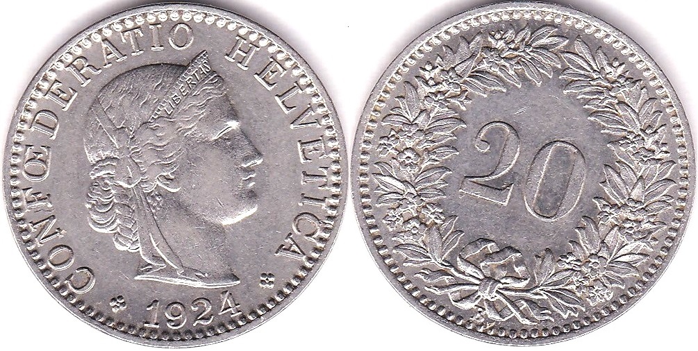 Switzerland 1924B 20 Rappen, KM 29, UNC