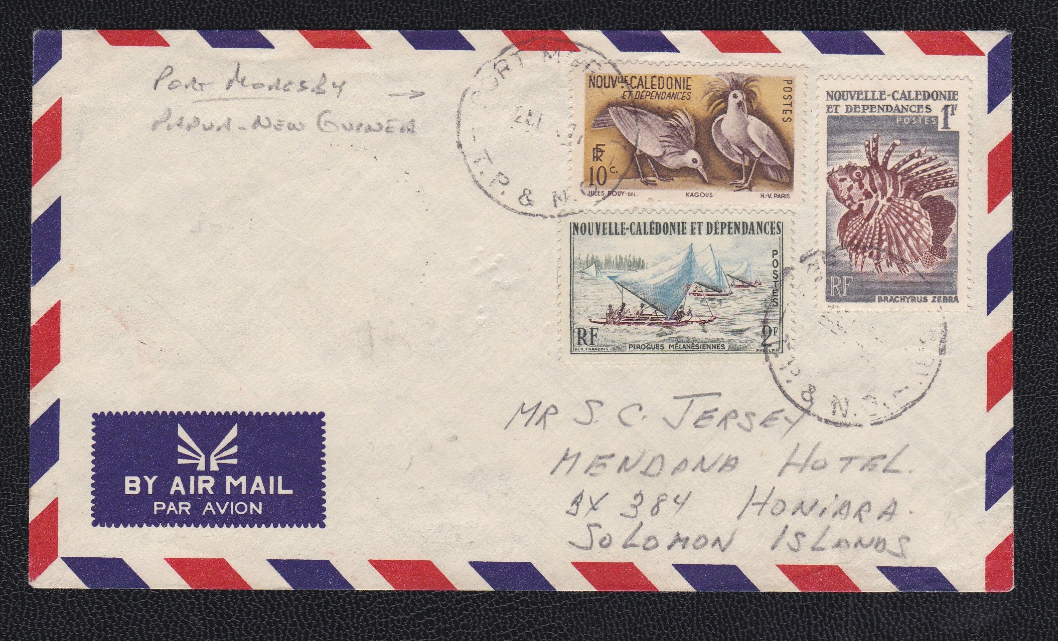 French New Caledonia 1977 airmail Env with 1959 adhesives used Papua-New Guinea Port Moresiby to