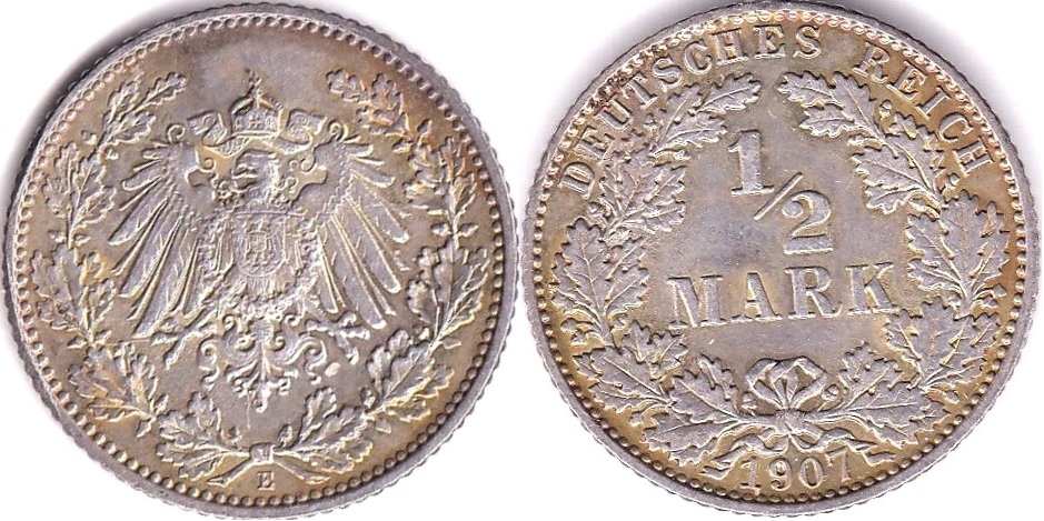 German - Empire 1907 E Half Mark, KM17, BUNC choice low mintage, scarce