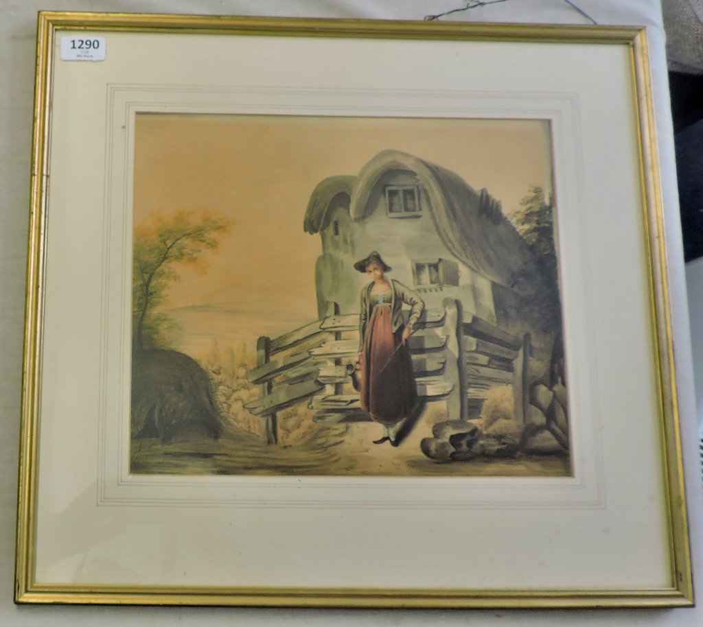 Framed Watercolour Unsigned "Lady in Front of Old House", 14" x 12".