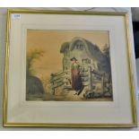 Framed Watercolour Unsigned "Lady in Front of Old House", 14" x 12".