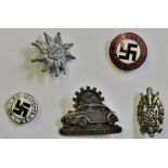 German WWII Lapel Badges, a selection of N.S.D.A.P. Badges, Volks Wagon, Kindergruppe N.S.F etc. A