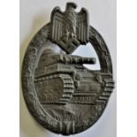 German WWII Pattern Panzer Assault Badge, the original finish has gone, maker mark S.A. in a
