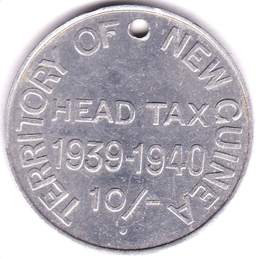 New Guinea Token, 15/-, Aluminium (half-crown size). Head Tax 1939-1940, 10/- Territory of New - Image 2 of 3