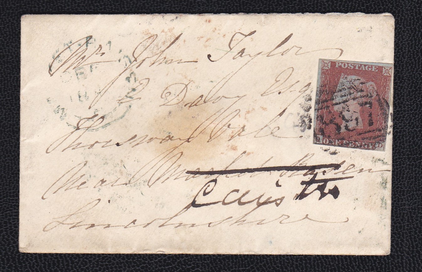 Great Britain Lincolnshire 1848 small env to Market Raisen; re-addressed to Caister with 1d red (897