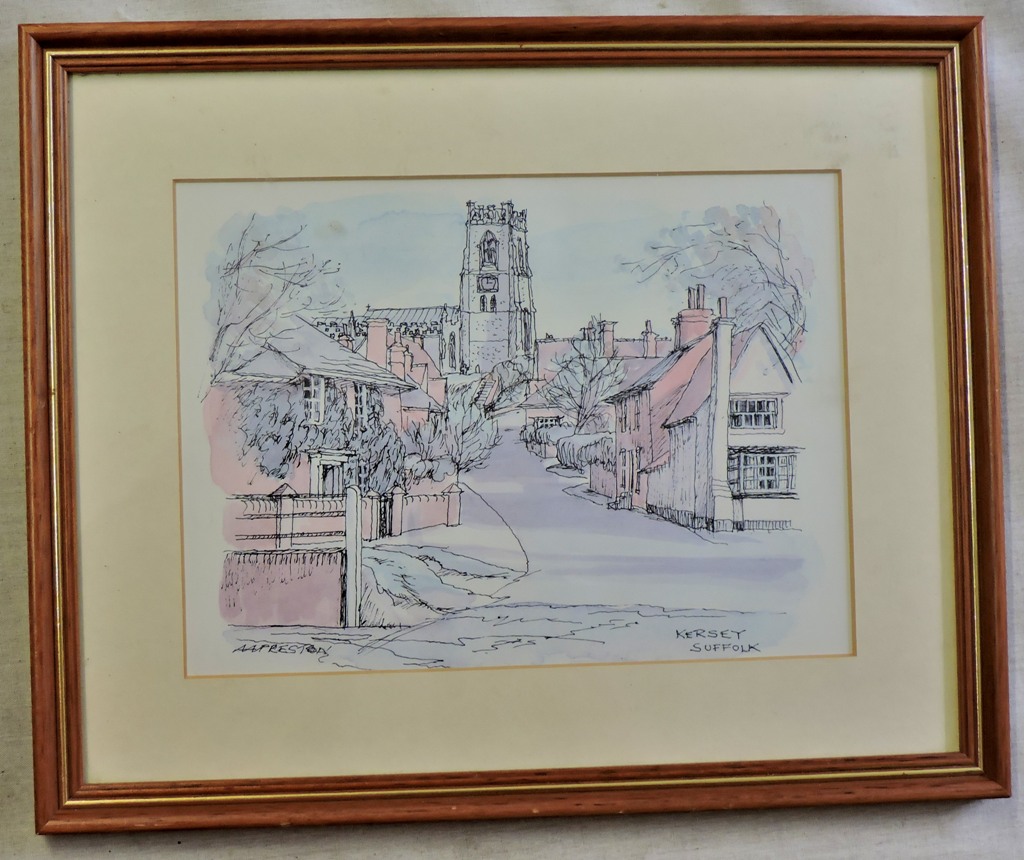 Kersey(Suffolk)-a pen and water colour including Kersey church, signed AA Preston, 8"x6" a fine